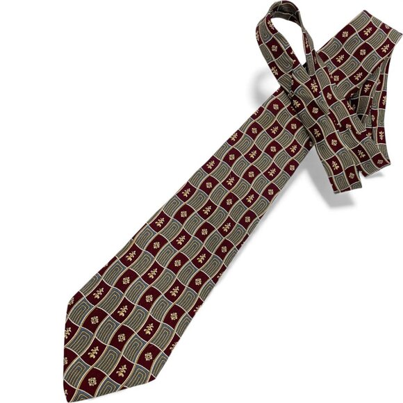 Essex Row Silk Tie Geometric Vintage Burgundy Red Blue Tan - Picture 2 of 6